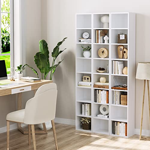 FOTOSOK 2 Pcs 71'' Tall Narrow Bookshelf, 8-Tier Media Tower Rack Set of 2 | CD DVD Storage Cabinet with Adjustable Shelves, Tall Narrow Bookcase Skinny Display Bookshelf Slim Shelf, White - color: White