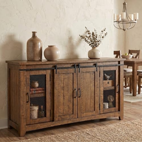 Martin Svensson Home Rustic 65" Wood Entertainment Center, Natural | Solid Pine, TV Stand, Sliding Doors, Adjustable Shelves & Cable Management, for TVs up to 70" - color: Natural