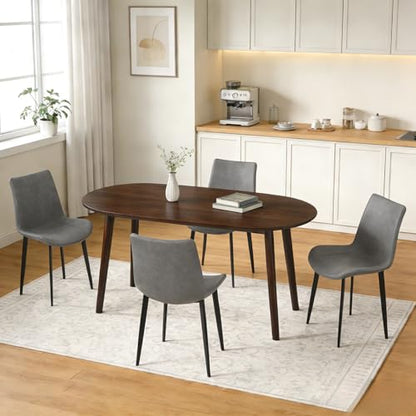 63" Oval Dining Table Set for 4 with Solid Wood Legs | 5 Piece Walnut Dining Table Set for Kitchen and Dining Room Furniture, 4 PU Grey Dining Chairs, Mid Century Modern - color: Walnut Table Grey Chairs
