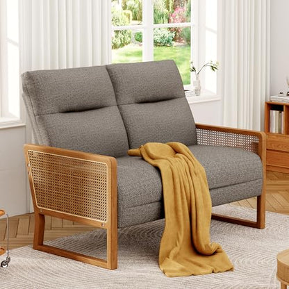 Alunaune Modern Loveseat Bench Couch with Natural Rattan Arm, Upholstered Linen Small Love Seat Sofa 2-Seats Living Room Couch Settee, Comfy Lounge Recliner Chair-Taupe - color: Taupe
