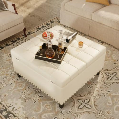 FiveWillowise 31.5 Inch Large Square Ottoman with Storage,Faux Leather | Coffee Table Storage Ottoman Bench with Lift Top Upholstered Footrest Stool Toy Box for Bedroom Living Room,Yellow White - color: Yellow White