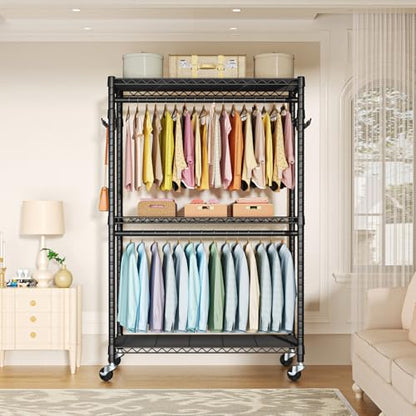 P1 Plus Rolling Clothes Rack, Heavy Duty Portable Closet Wardrobe | Freestanding Garment Clothing Rack with Wheels and Double Rods, 45"W x 17.7"D x 80.5"H, Max Load 524lbs, Black - color: Black, size: P1 Plus