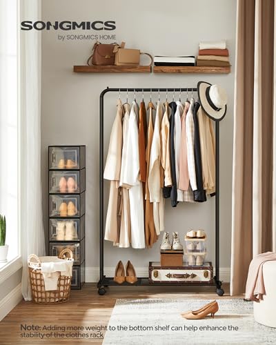 SONGMICS Clothes Rack with Wheels, Clothing Rack for Hanging Clothes, 25.4 mm Metal Garment Rack with Dense Mesh Storage Shelf, 110 lb Load Capacity, 2 Brakes, Black UHSR25BK - color: Black, style: Single Rod