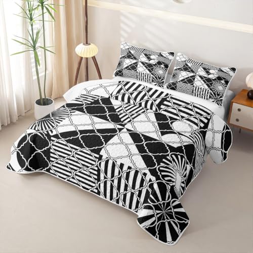 Geometric Stripe Quilted Bedspread King Size,Y2K Retro Line Boho Simple Quilt Bedding Set 3 Pieces,Square Plaid Checkered Classic Bed Covers for All Season,Black White Quilted Coverlet,2 Pillowcases - color: Black White, size: King