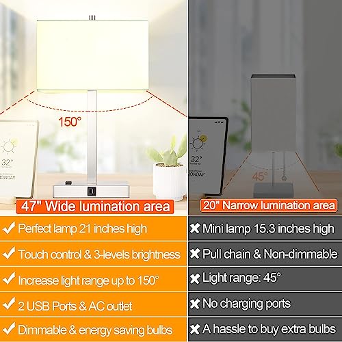 21" Touch Bedside lamps with 2 USB & AC Outlets, 3-Way Dimmable Bedside Table Lamps Set of 2 for Bedroom Living Room Office Reading, White Shade Lamps for Night Stands, 3000K LED Bulbs Included - color: (2 pack)White Cream Linen & Brushed Nickel(Base)-300