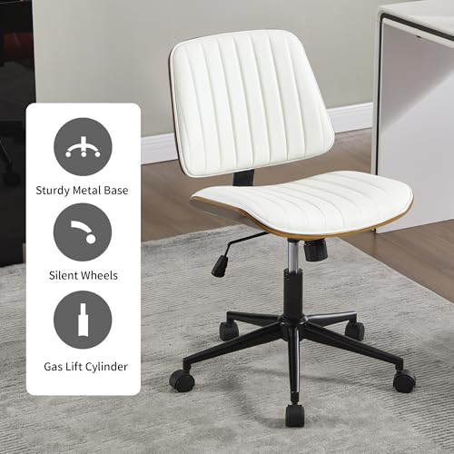 VipDesk Small Home Office Chair - Armless Mid Back Desk Chair with 360° Swivel and Wheels, PU Upholstered Height Adjustable Modern Walnut Computer Chair for Home, Office Meeting Room - White - color: White, size: Classic