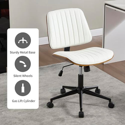 VipDesk Small Home Office Chair - Armless Mid Back Desk Chair with 360° Swivel and Wheels, PU Upholstered Height Adjustable Modern Walnut Computer Chair for Home, Office Meeting Room - White - color: White, size: Classic