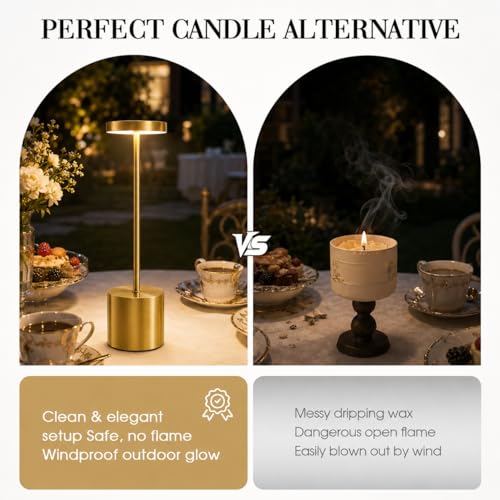 AUDLES Gold Cordless Table Lamps Set of 2, Brass Rechargeable Lamp, Battery Operated Lamps for Wedding Centerpiece & Holiday Tablescape, Touch Dimmable Glam Bedroom Nightstand Lamp, IP54 Waterproof - color: Gold (Set of 2)