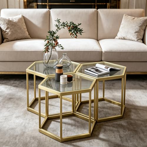 Hexagonal Modular Coffee Table, Gold Plated Frame, Tempered Glass Top, Geometric Accent Side Table, Multi-Purpose Nesting Table for Living Room Bedroom, Set of 3 - size: 3 Piece