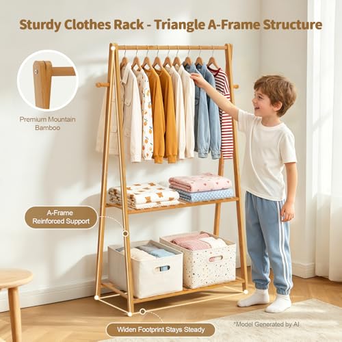 Kids Clothing Rack Small Baby Clothes Racks Bamboo Garment Rack 50"H | Wooden Short Mini Dress Up Costume Rack with Shelves for Hanging Clothes, Nursey Toddler Shower Children Clothes Hanger Rack - size: 2-Tier,50" Tall