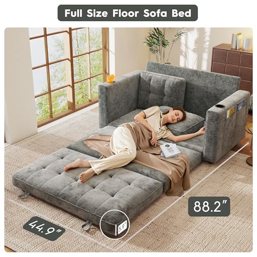 55" Convertible Folding Sofa Bed, Pull Out Couch Love Seat Sleeper Bed, Small Fold Out Loveseat sleeper with Cup Holder and Pillow for Small Space, Bedroom Lounge, Dorm, Living Room(Grey Chenille) - color: Light Grey