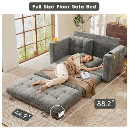 55" Convertible Folding Sofa Bed, Pull Out Couch Love Seat Sleeper Bed, Small Fold Out Loveseat sleeper with Cup Holder and Pillow for Small Space, Bedroom Lounge, Dorm, Living Room(Grey Chenille) - color: Light Grey