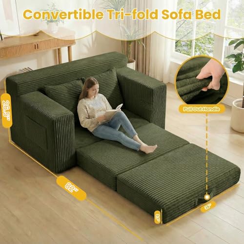 Boneless Loveseat Sleeper Sofa Bed: 3-in-1 Convertible Sofa Bed with Side Pockets & Handle,Pull Out Couch with 2 Pillows,Folding Futon for Small Space,Living Room & Bedroom,Green - color: A-green, size: 2 Seater Sofa