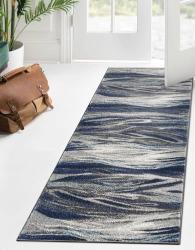 Keen Home Design Runner Rugs - 32"x91" Non-Shedding, Thick Pile Abstract Rugs for Kitchen, Living Room, Bedroom, Dining Room, Entryway - Size: 2'8" x 7'7", Skrik Navy - color: Skrik Navy, size: 2'8" x 7'7" (Runner)