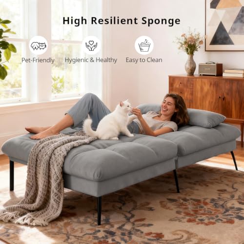 COMHOMA 72″ Convertible Futon Sofa Bed, Adjustable Backrest, Grey | Breathable Fabric Futon Couch with Pillows,Multi-angle Ergonomic Reclining,Space-saving Sleeper Sofa for Living Room - color: Grey