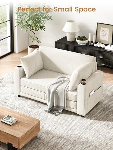 51" Loveseat Convertible Sofa Bed with Cup Holder, Small Couch 2 in 1 Pull Out Sleeper Couch, Floor Folding Couch Sofa with Two Pillows for Living Room, Apartment, Dorm (Beige) - color: Beige