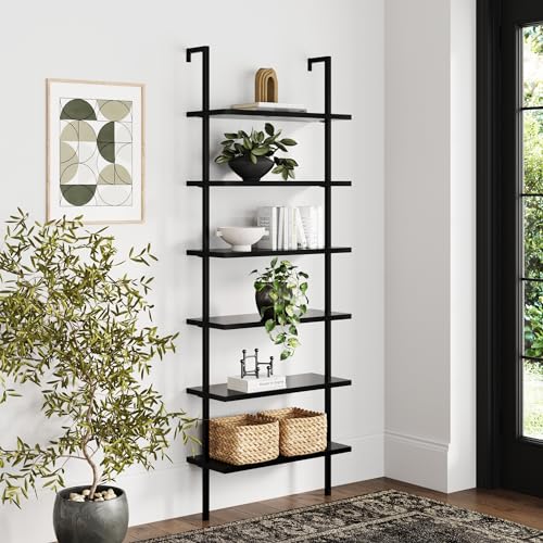 Nathan James Theo 6-Shelf Tall Bookcase, Wall Mount Bookshelf Wood Shelves and Metal Frame, Matte Black - color: Black, size: 1