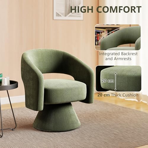 HOMCOM 360° Swivel Accent Chair Corduroy Upholstered Barrel Chair Green | Modern Armchair, Thick Padding, Living Room, Bedroom, Reading Room