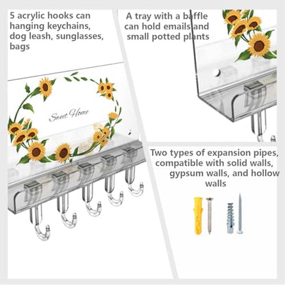 Wall Key Holder for Wall with 5 Hooks, Clear Acrylic Sunflower Design for Mail and Coats, Multi-Purpose Wall Mounted Organizer Shelf, Home Room Wall Decor, Easy to Install