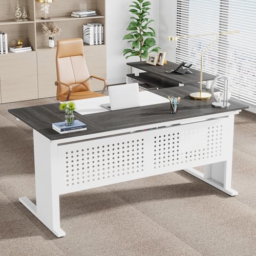 Tribesigns 63 Inch Executive Desk with File Cabinet, L Shaped Office Desk with Drawers and Storage Shelves, Business Furniture Set Workstation for Home Office, Gray and White - color: White and Gray