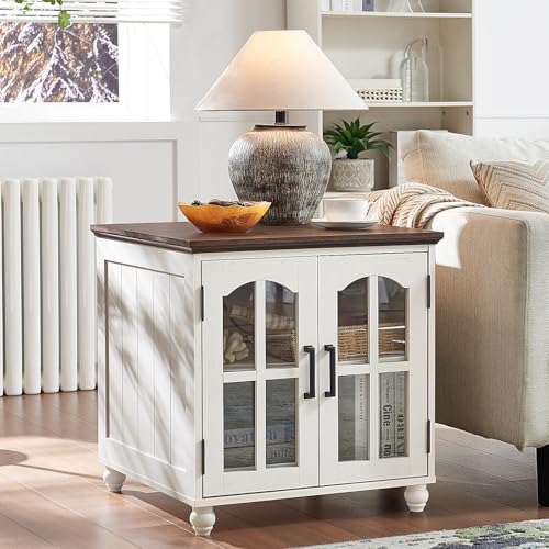 RWYHG Farmhouse 24" End Table with Charger, Glass Barn Door, White | USB Ports, Solid Wood Legs, Adjustable Storage Shelf, Square Bedside Table for Living Room,Bedroom - color: White, size: Set 1