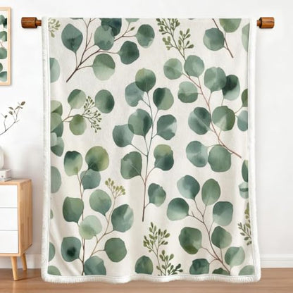 MILANKET Eucalyptus Sherpa Blanket Botanical Leaf Throw Blanket | Sherpa; Soft; Eucalyptus Sherpa Blanket Botanical Leaf Throw; Fuzzy; Cozy; Plush; for; Couch; Bed; Warm; Blankets; Minimal - color: Eucalyptus, size: Throw(50"x60")