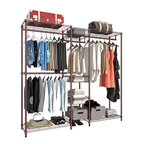 XIOFIO 6 Tiers Heavy Duty Garment Rack,Clothing Storage Organizer, Metal Clothing Rack,Clothing Rack with Hanging Rod,Adjustable Shelf and Fixed Baskets,60.7"L x 15.7"W x 70.5"H Max Load 720LBS,Bronze - color: Bronze