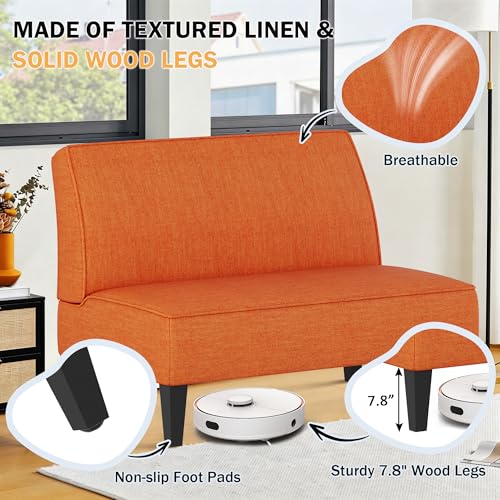 Small Loveseat, Orange Mini Sofa Couch Accent Upholstered Bench with Back Living Room Bedroom Office Armless Love Seat Settee - color: Orange