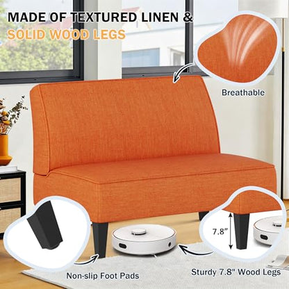 Small Loveseat, Orange Mini Sofa Couch Accent Upholstered Bench with Back Living Room Bedroom Office Armless Love Seat Settee - color: Orange