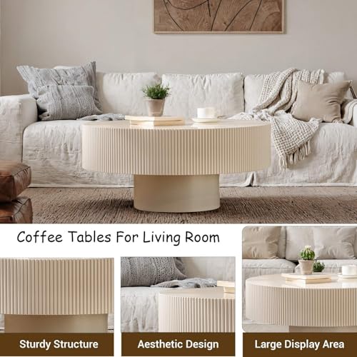 Round Drum Fluted Coffee Table (H) | Modern Wood Coffee Table with Circle Pedestal Center Tables Fluted Accent Tea Tables for Apartment Living Room - color: H