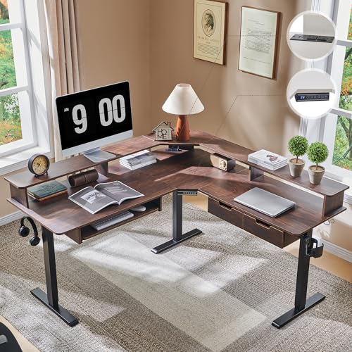 RedLemon 60 Inches L Shaped Electric Standing Desk 2 Tier, Dark Walnut | Height Adjustable Corner Gaming Desk with Drawer, Keyboard Tray, Power Outlets & LED Lights, Computer Desk w/ Monitor Shelf - color: Dark Walnut, size: 60"X60"