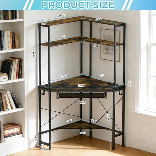 Corner Desk with Hutch and LED Light, Keyboard Tray, Rustic Brown - color: Rustic Brown