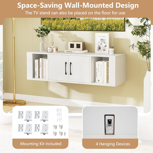 GOFLAME Floating TV Stand, Wall Mounted TV Console Table with Doors, Entertainment Media Center Under TV, Modern TV Cabinet for Living Room, Bedroom, Office, White - color: White