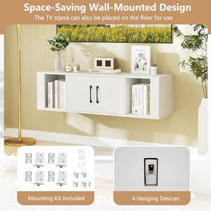 GOFLAME Floating TV Stand, Wall Mounted TV Console Table with Doors, Entertainment Media Center Under TV, Modern TV Cabinet for Living Room, Bedroom, Office, White - color: White