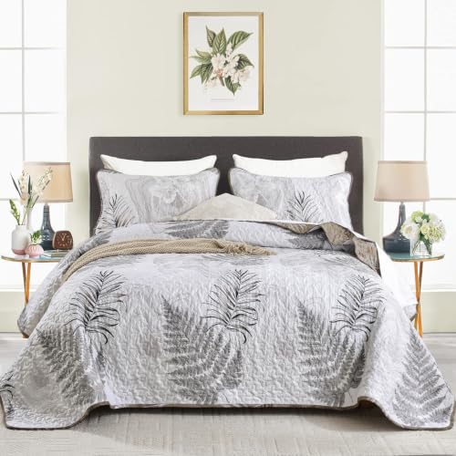 DJY Brown Quilts Queen Size Floral Leaves Bedspread Reversible Coverlet Set, Fall Quilt Bedding Set 3 Pieces Soft Lightweight Botanical Bedding Cover 96''x90'' - color: Brown White, size: Queen