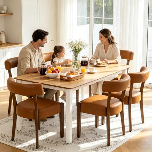 RNKSFX Modern Dining Chairs Set of 2, Faux Leather Upholstered Kitchen & Dining Room Chairs, Mid Century Modern Wooden Dining Chairs Oversized Sturdy Rounded Chairs Curved Back, Brown - color: Brown