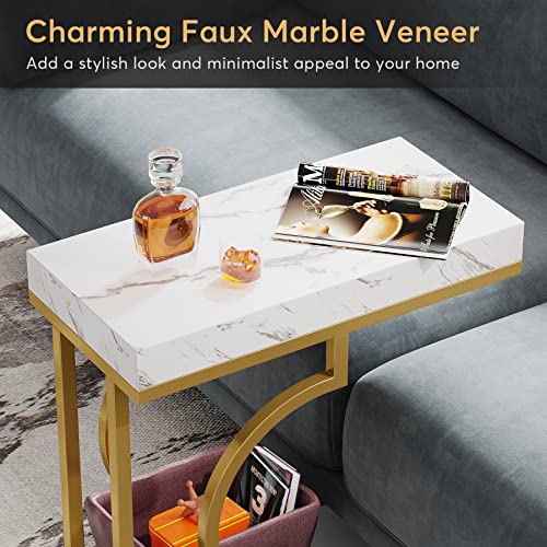 Tribesigns Narrow Side Table Set of 2, C Shaped End Table for Couch, White Gold Modern Bedside Tables with Metal Frame, Small Sofa Tables for Small Spaces, Living Rooms (2, White+Gold) - color: White+gold
