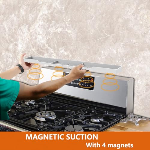 AWOKE Stove Top Shelf 30 Inch - Silicone Material Magnetic Shelf for The Stove - 3 Functional Partitions Kitchen Spice Rack Organizer - White - color: White