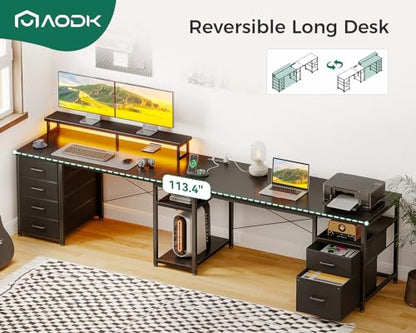 AODK 66" L Shaped Computer Desk, 113“ Reversible Home Office Desk with File Cabinet & 4 Fabric Drawers, Two Person Desk with LED Lights & Power Outlet, Corner Gaming Desk with Monitor Shelf, Black | Desk with File Cabinet & 4 Fabric Drawers, Monitor Shelf