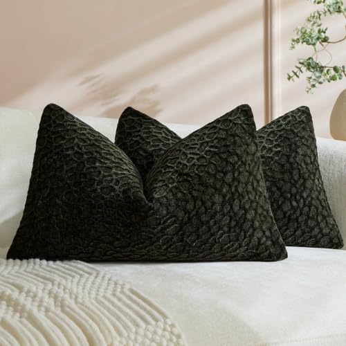 Textured Chenille Lumbar Pillow Covers 12x20 Inch Set of 2, Dark Green Jacquard Abstract Pillow Cases, Solid Color Decorative Cushion Covers for Couch Sofa Bed - color: Dark Green, size: 20" x 12" (Pack of 2)