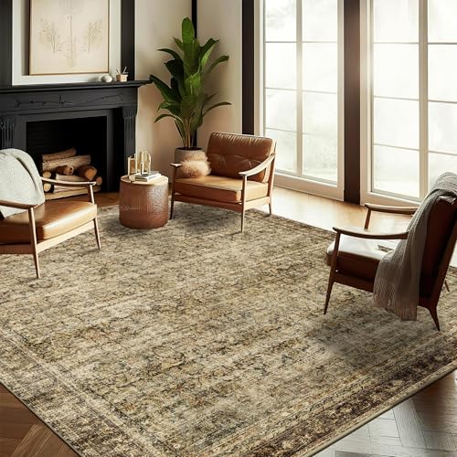 CHAMPLANT Area Rug 8x10 Washable Rug Brown Vintage Traditional Mat Distressed Indoor Foldable Thin Retro Accent Floral Non Slip Carpet Living Room Dining Room Office - color: Green and Brown, size: 8' x 10' (Rectangular)