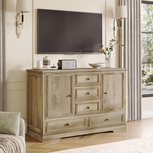 GarveeHome 47" Farmhouse Sideboard Buffet Cabinet, Sideboard Storage credenza with 5 Drawers and 2 Doors, Wood Coffee Bar Cabinet, Buffet Table for Dining Room Living Room, Oak - color: Oak
