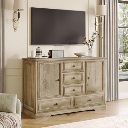 GarveeHome 47" Farmhouse Sideboard Buffet Cabinet, Sideboard Storage credenza with 5 Drawers and 2 Doors, Wood Coffee Bar Cabinet, Buffet Table for Dining Room Living Room, Oak - color: Oak