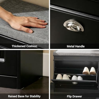 Haotian Black Hallway Shoe Bench, Narrow Shoe Rack Entryway, Small Shoe Cabinet with Flip-Drawer and Seat Cushion, FSR82-K-SCH - color: Black, size: 1 Drawer:24x9.4x20"