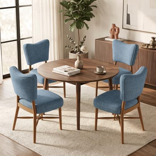Mid Century Dining Chairs Set of 4, Linen Seat, Wood Legs, Blue | Farmhouse, Upholstered Padded Cushion, Solid Wood Cross-Brace, Easy 15-Min Assembly, Kitchen Dining Room - color: Blue, size: Set of 4