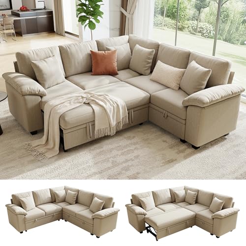 86" Modular Sectional Sleeper Sofa with Pull Out Bed, L Shaped 5 Seat Couch with 151L Storage, Convertible Cloud Couch Bed, Sectional Couches for Living Room, Apartment (Sand) - color: Sand, size: 5 Seat V Sleeper