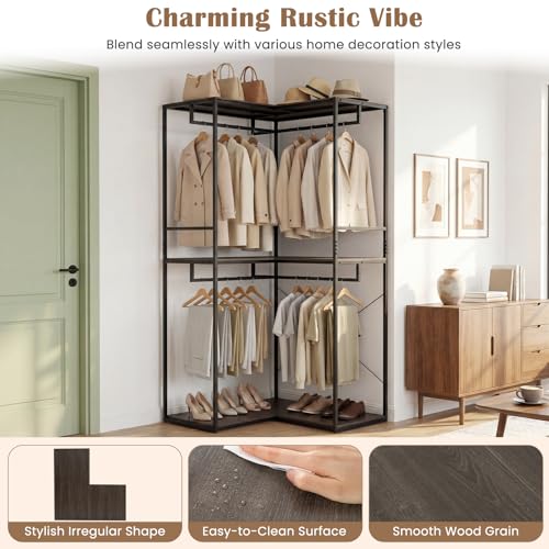 GIANTEX Heavy Duty Clothes Rack, 3-Tier L-Shaped Garment Rack w/3 Open Shelves & 2 Hanging Racks, Anti-Tippling Devices, Industrial Freestanding Closet Organizer for Bedroom, Living Room & Laundry