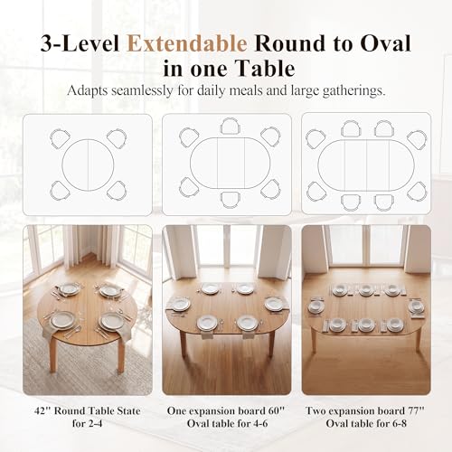 HNY Extendable Dining Table Round to Oval for 4-8, 42"-77" Oak Veneer Kitchen Table with Sturdy Legs, Modern Farmhouse Expandable Dining Room Table for Family Gatherings & Small Apartments, Natural - color: Natural