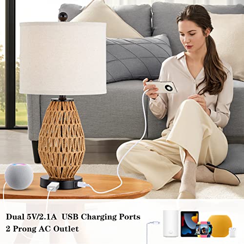 CINSARY Touch Control Rattan Table Lamp, 3 Way Dimmable Bedside Lamp for Bedroom with 2 USB Ports and AC Outlet, Wicker Nightstand Lamps for Living Room(LED Bulb Included), Rattan-1PK - color: Rattan-1PK