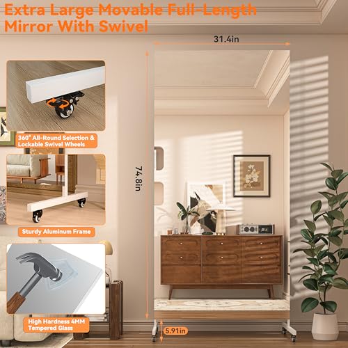 Hasipu 74.8" x 31.4" Full Length Floor Mirror on Wheels, White | Tempered glass, sturdy metal frame, smooth rolling casters, removable stand, ideal for gym, bedroom, dance studio & yoga. - size: 74.8"L x 31.4"W